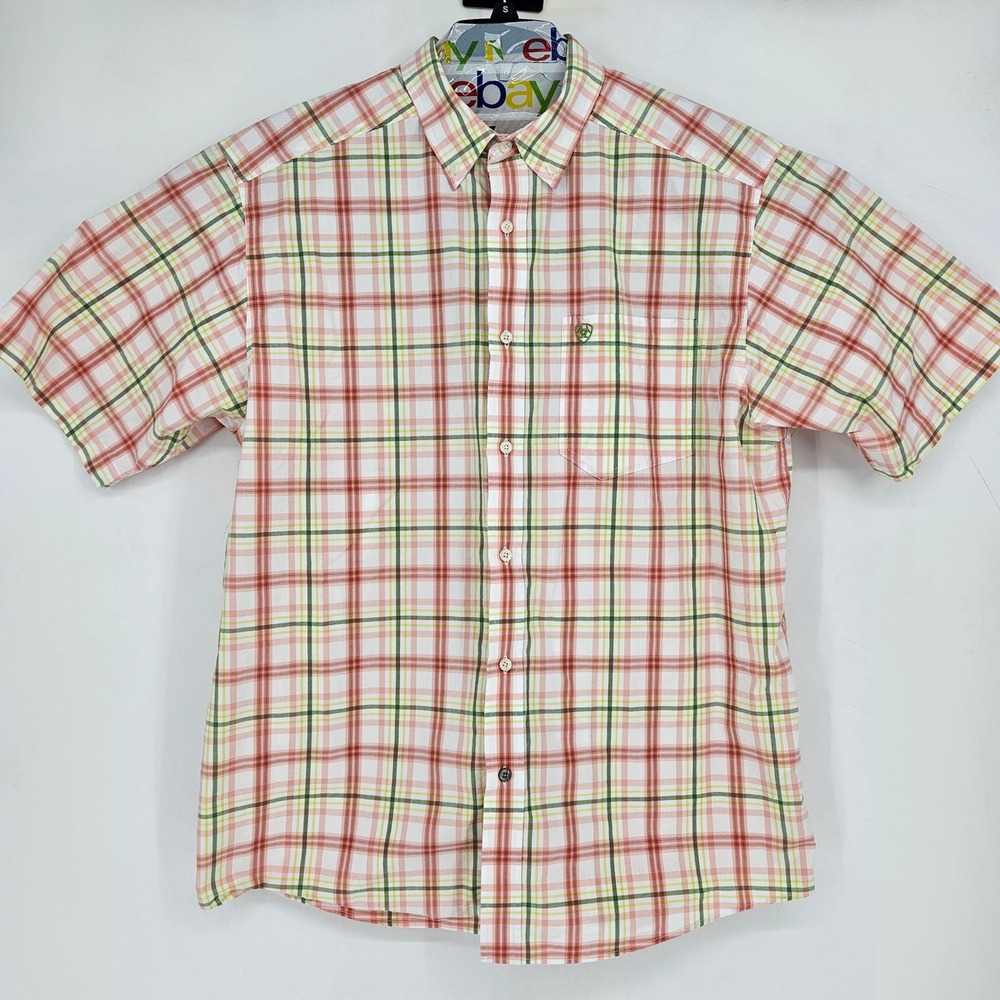 Ariat Pro Series Shirt Mens XL Button Down Short Sleeve Pink Green Plaid Western